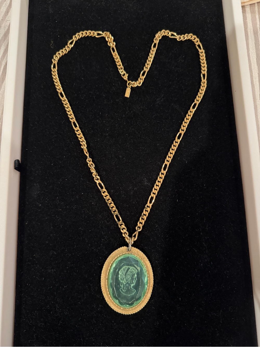 Monet Gold-Tone Necklace with Green Oval Cameo Pendant